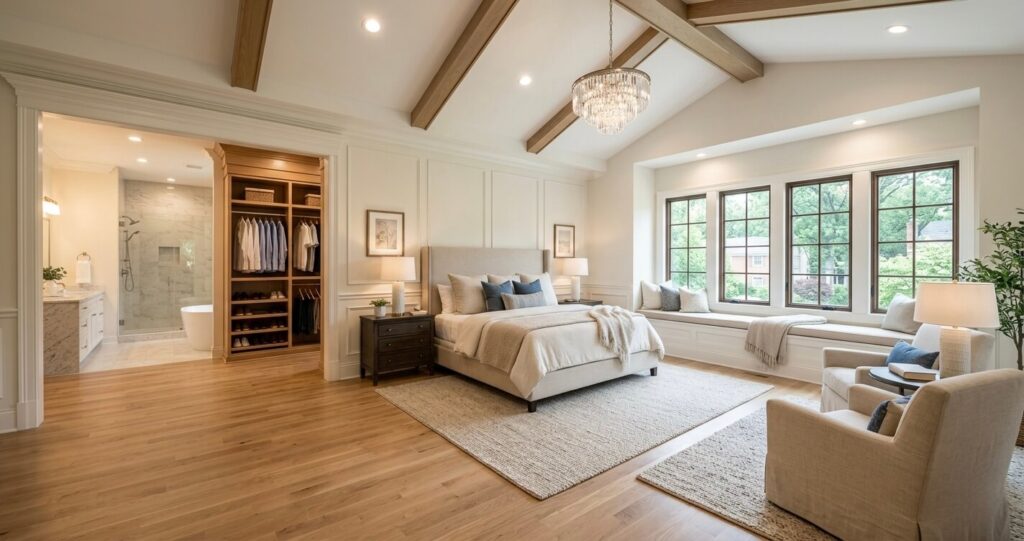 master suite addition before after Fairfax VA completed luxury primary bedroom with walk in closet and spa bathroom

