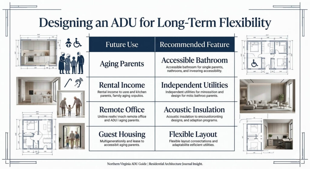 ADU Mistakes Fairfax County VA: What Homeowners Need to Know Before Construction 6 ADU mistakes Fairfax County VA infographic showing aging in place multigenerational living and flexible ADU design