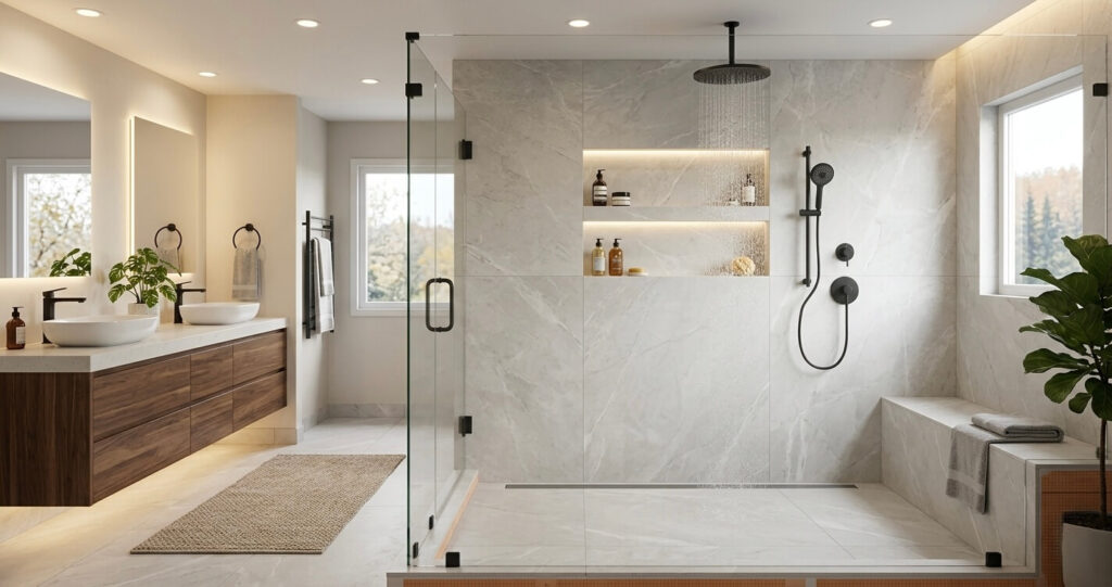 Frameless walk-in shower bathroom design ideas Fairfax VA with curbless entry linear drain and luxury tile installation

