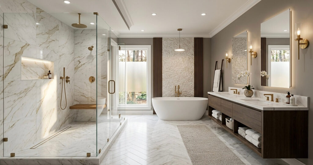 Bathroom Remodel vs. Renovation Vienna VA: What’s Worth It in 2026? 3 bathroom remodel vs renovation Vienna VA full luxury bathroom renovation with curbless shower and freestanding tub