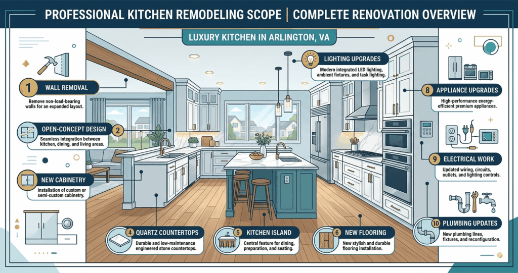 Kitchen Renovation vs. Cabinet Refacing Arlington VA: Which Is Worth It in 2026? 3 Kitchen renovation vs cabinet refacing Arlington VA full kitchen renovation scope including cabinets flooring lighting plumbing and layout changes