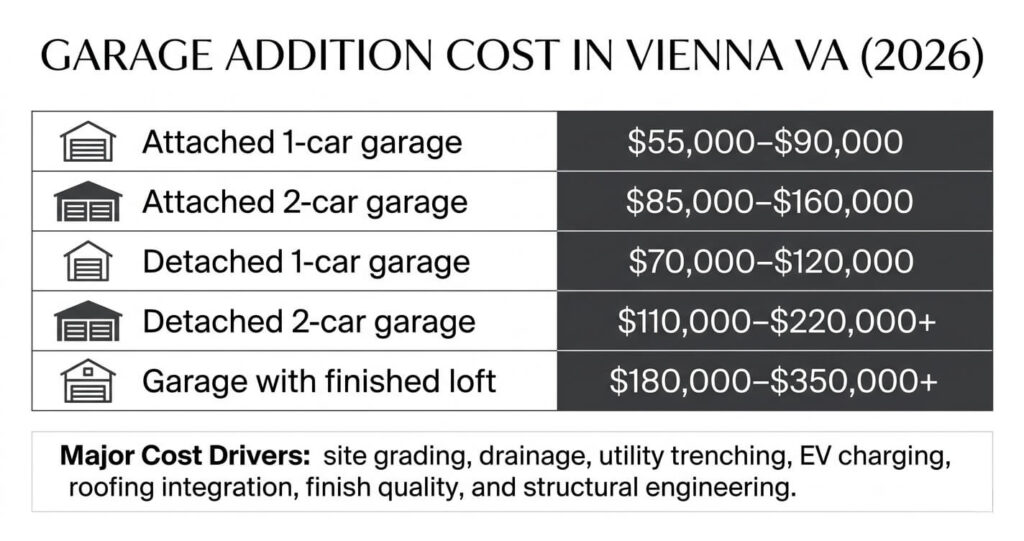 Attached vs. Detached Garage Vienna VA: Pros, Cons & Cost Guide (2026) 5 attached vs detached garage Vienna VA cost table showing detached garage cost Vienna VA and attached garage addition Northern Virginia pricing