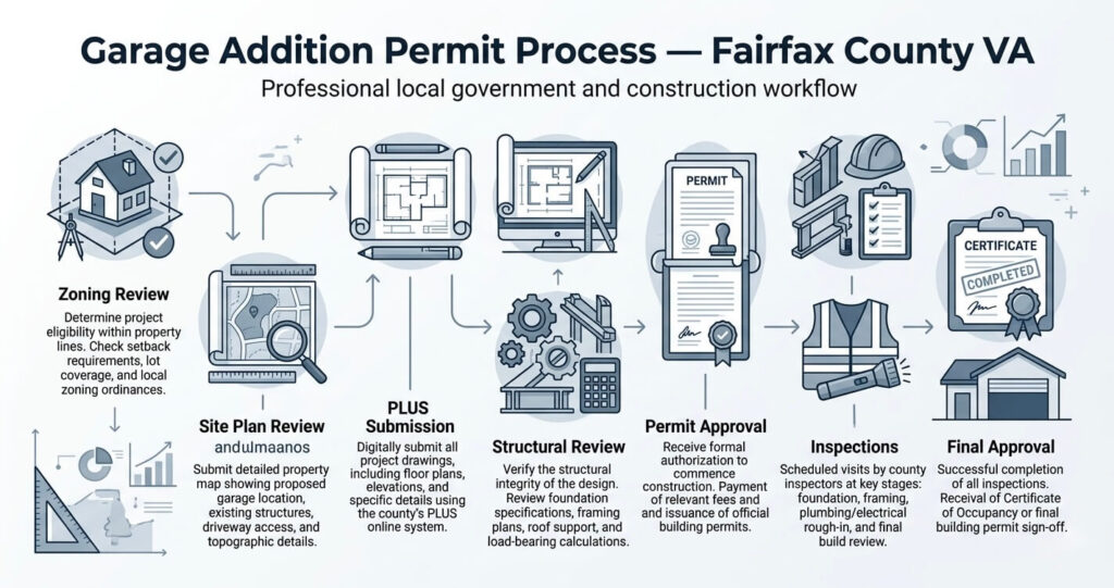 Attached vs. Detached Garage Vienna VA: Pros, Cons & Cost Guide (2026) 6 attached vs detached garage Vienna VA garage addition permit Fairfax County process infographic