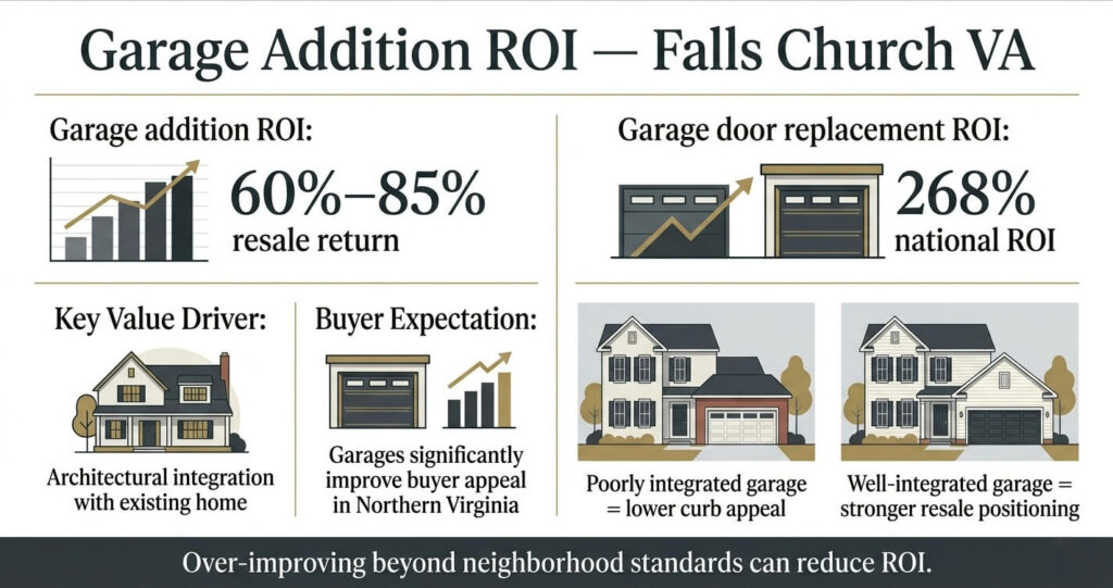 Garage Addition Mistakes Falls Church VA: 7 Expensive Planning Errors to Avoid 10 garage addition ROI Falls Church VA resale value and home improvement return infographic