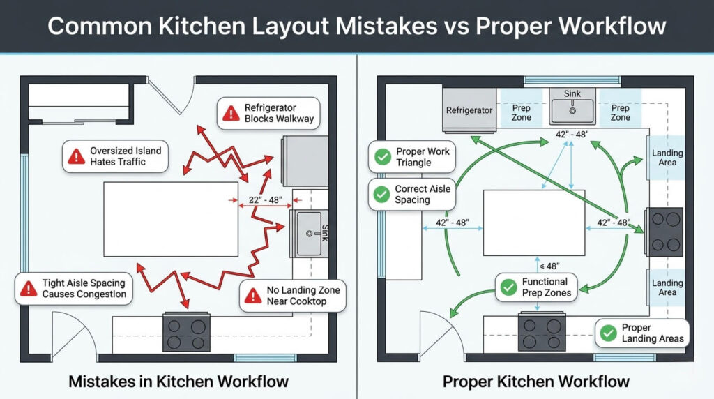 8 Kitchen Remodel Mistakes Vienna VA Homeowners Make (And How to Avoid Them in 2026) 3 kitchen remodel mistakes Vienna VA kitchen layout mistakes and workflow planning diagram