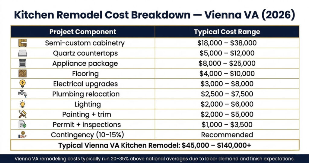 8 Kitchen Remodel Mistakes Vienna VA Homeowners Make (And How to Avoid Them in 2026) 2 kitchen remodel mistakes Vienna VA kitchen remodel cost Vienna VA budget breakdown table