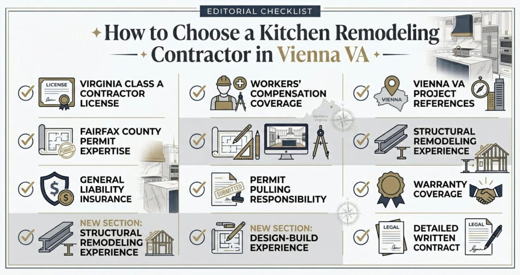 Kitchen Remodeling Vienna VA: Complete 2026 Homeowner Guide 9 Kitchen remodeling Vienna VA contractor checklist for choosing a Fairfax County remodeling contractor