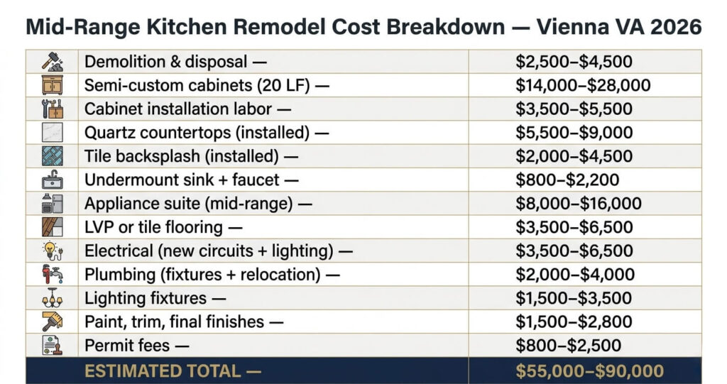 Kitchen Remodeling Vienna VA: Complete 2026 Homeowner Guide 5 Kitchen remodeling Vienna VA cost breakdown table for mid range kitchen remodel in Northern Virginia