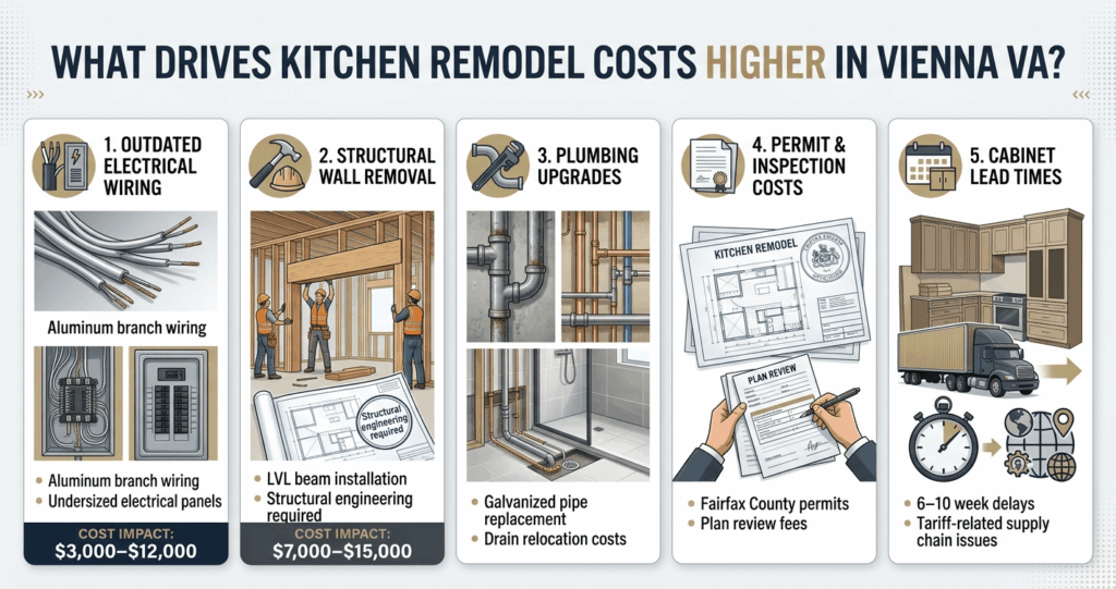 Kitchen Remodeling Vienna VA: Complete 2026 Homeowner Guide 6 Kitchen remodeling Vienna VA hidden renovation costs including wiring plumbing and structural wall removal
