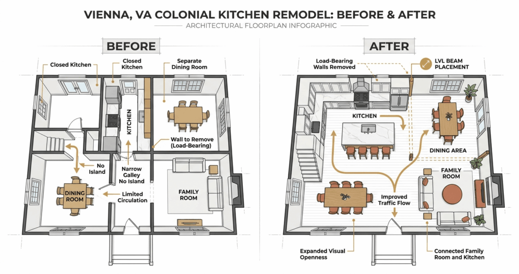 Kitchen Remodeling Vienna VA: Complete 2026 Homeowner Guide 3 Kitchen remodeling Vienna VA open concept floorplan conversion with wall removal and kitchen island