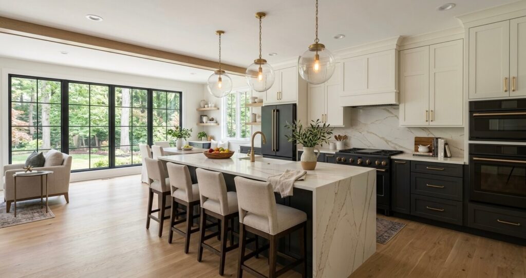 Kitchen remodeling Vienna VA open concept modern Colonial kitchen remodel with quartz island and two-tone cabinets