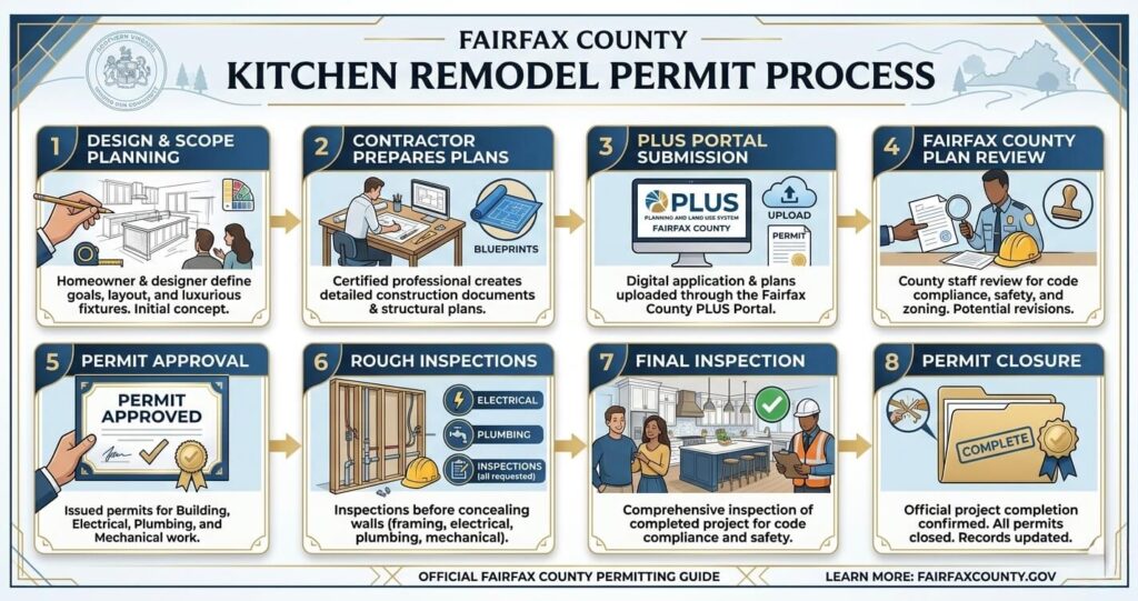 Kitchen Remodeling Vienna VA: Complete 2026 Homeowner Guide 7 Kitchen remodeling Vienna VA Fairfax County permit process and PLUS portal workflow infographic