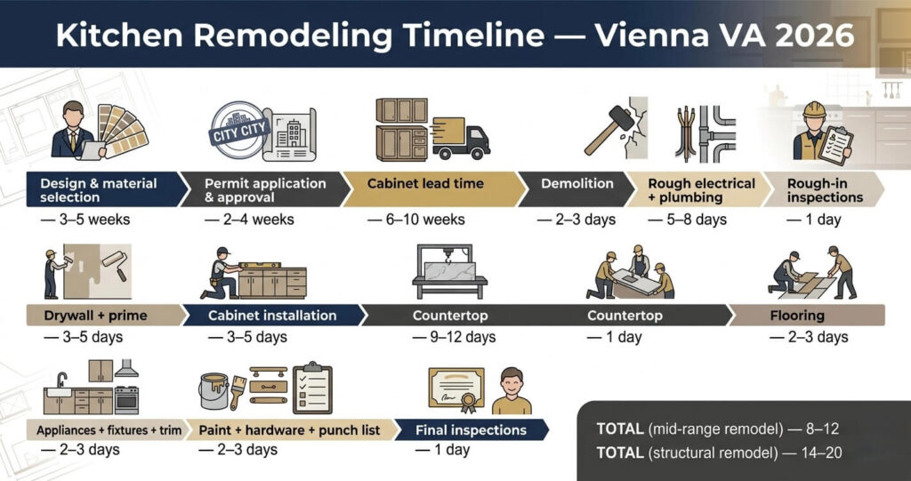 Kitchen Remodeling Vienna VA: Complete 2026 Homeowner Guide 8 Kitchen remodeling Vienna VA project timeline table for Fairfax County kitchen remodel projects