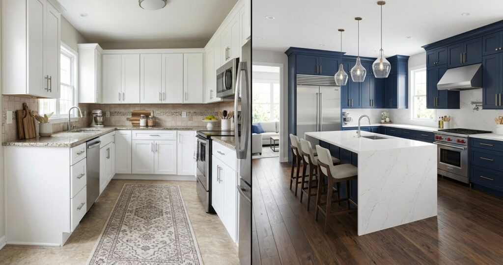 Kitchen renovation vs cabinet refacing Arlington VA comparison showing full remodel and cabinet refacing options in Northern Virginia homes