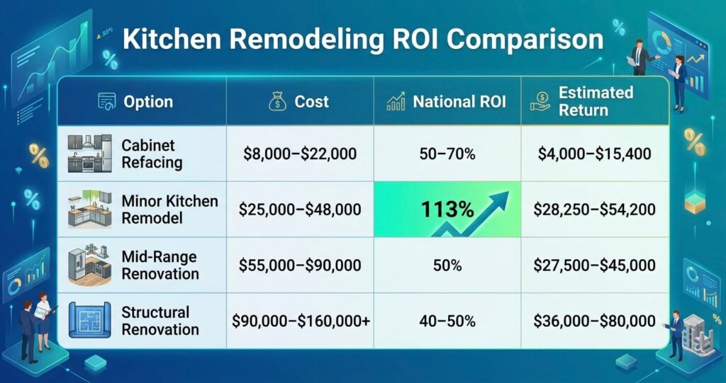 Kitchen Renovation vs. Cabinet Refacing Arlington VA: Which Is Worth It in 2026? 9 Kitchen renovation vs cabinet refacing Arlington VA ROI comparison showing remodeling return on investment and resale value