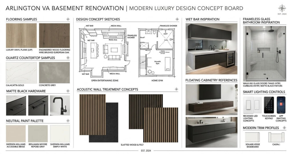 Basement Finishing Before After Arlington VA: Luxury Remodel Ideas & Costs (2026 Guide) 3 luxury basement remodel Arlington VA design ideas and material palette