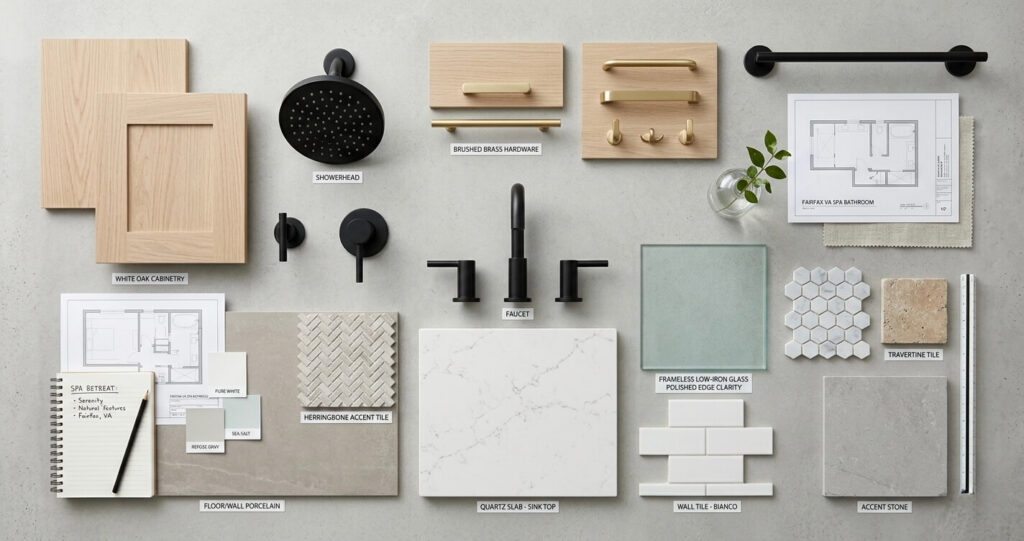 Luxury bathroom design ideas Fairfax VA featuring quartz porcelain tile white oak cabinetry and matte black fixtures

