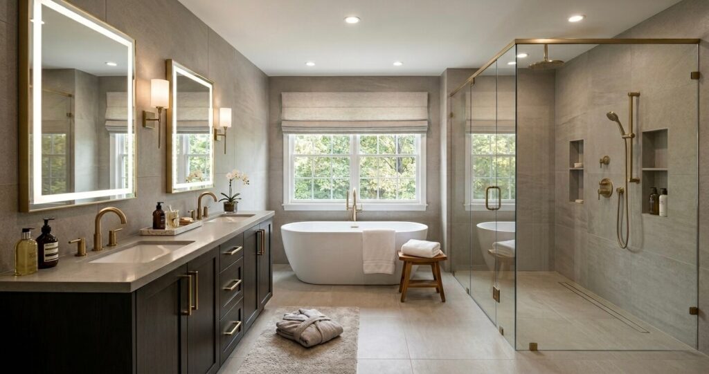 master suite addition before after Fairfax VA luxury spa bathroom with curbless shower freestanding tub and heated floors

