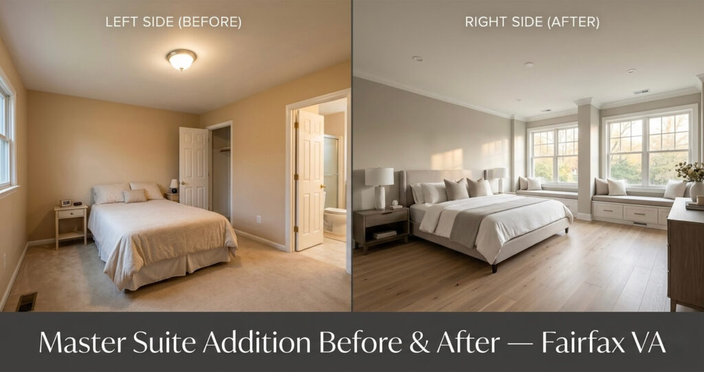 master suite addition before after Fairfax VA showing Colonial home bedroom transformation with luxury primary suite addition and spa bathroom renovation