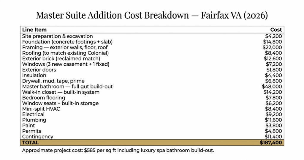 master suite addition before after Fairfax VA project cost breakdown table for luxury home addition in Northern Virginia

