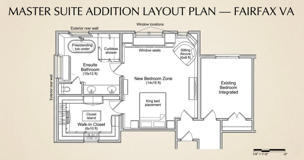 master suite addition before after Fairfax VA architectural floor plan showing bedroom expansion spa bathroom and walk in closet

