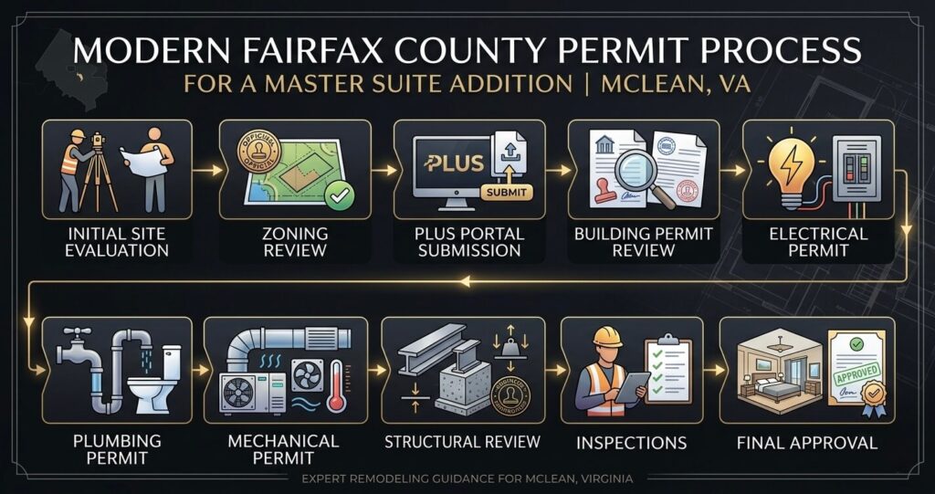 Master Suite Addition McLean VA: Layout Ideas, Costs & Permit Guide (2026) 7 master suite addition McLean VA Fairfax County permit process and zoning review infographic
