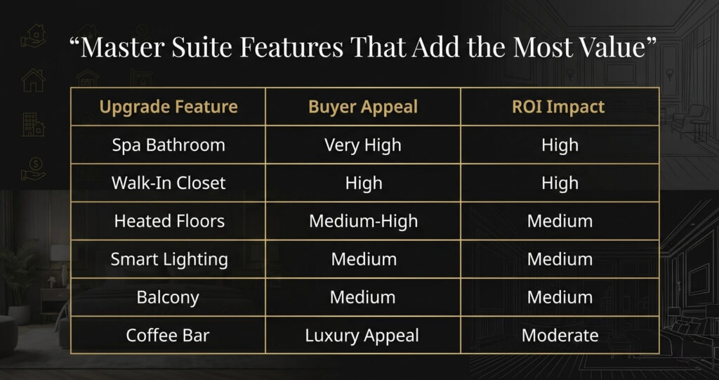 Master Suite Addition McLean VA: Layout Ideas, Costs & Permit Guide (2026) 9 master suite addition McLean VA ROI table with spa bathroom walk in closet and luxury feature value analysis