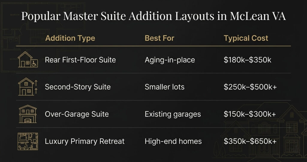 Master Suite Addition McLean VA: Layout Ideas, Costs & Permit Guide (2026) 3 master suite addition McLean VA layouts comparison including second story and over garage suite costs