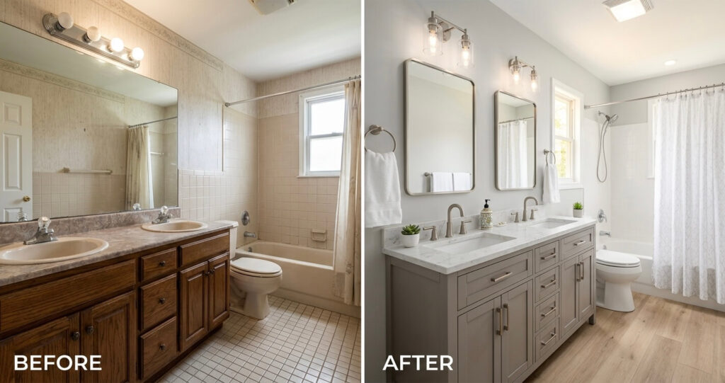 Bathroom Remodel vs. Renovation Vienna VA: What’s Worth It in 2026? 2 bathroom remodel vs renovation Vienna VA partial bathroom remodel with vanity and lighting upgrades
