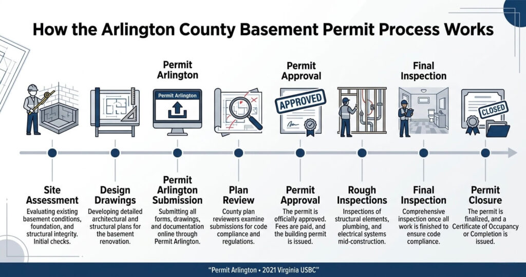Basement Finishing Permit Arlington County VA: What Homeowners Must Know in 2026 6 basement finishing permit Arlington County VA Permit Arlington process timeline infographic