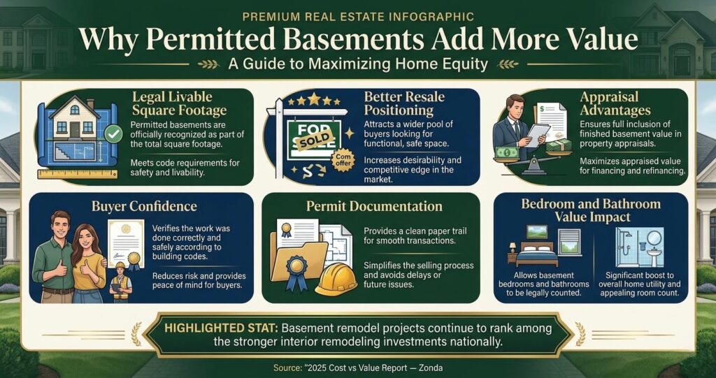Basement Finishing Permit Arlington County VA: What Homeowners Must Know in 2026 9 basement finishing permit Arlington County VA permitted basement ROI and resale value infographic