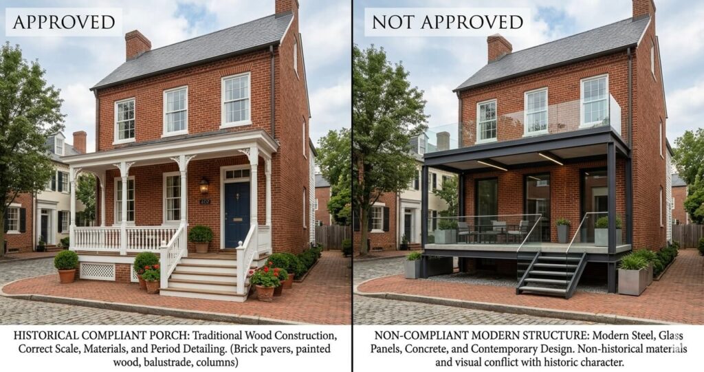 porch patio permit Alexandria VA historic district rules approved vs non compliant design

