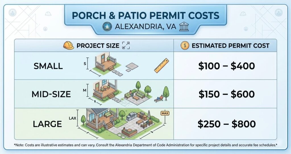 porch patio permit Alexandria VA cost table permit pricing small mid large projects

