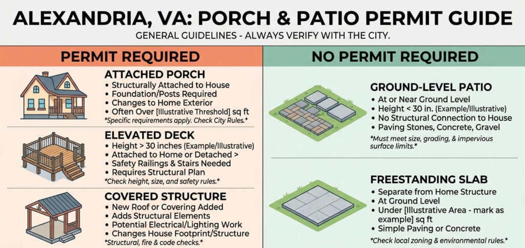 porch patio permit Alexandria VA requirements infographic permit vs no permit deck and patio rules

