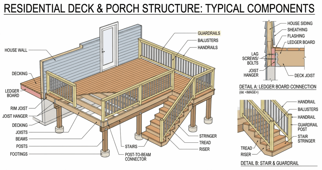 porch patio permit Alexandria VA structural deck diagram footings beams ledger board components

