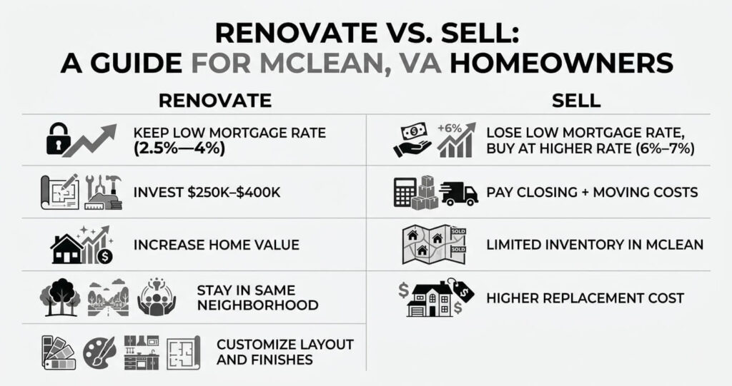 Full Home Renovation McLean VA: 2026 Cost, Timeline & Planning Guide 3 full home renovation McLean VA renovate vs sell decision comparison infographic