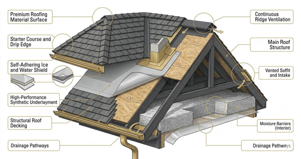 Roofing Materials McLean VA: Best Roof Types, Costs & Long-Term Performance 8 roof assembly McLean VA showing underlayment flashing ventilation and moisture protection systems