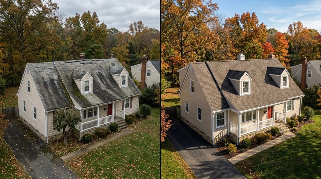 roof replacement before after Falls Church VA Cape Cod home with architectural shingles Northern Virginia
