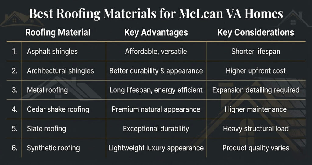 Roofing Materials McLean VA: Best Roof Types, Costs & Long-Term Performance 3 roofing materials McLean VA comparison table for asphalt shingles metal roofing slate and cedar shake roofs