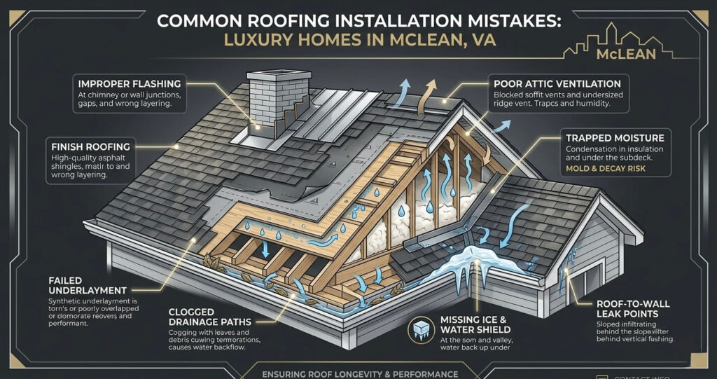 Roofing Materials McLean VA: Best Roof Types, Costs & Long-Term Performance 7 roofing mistakes McLean VA showing ventilation flashing and moisture problems in roofing systems