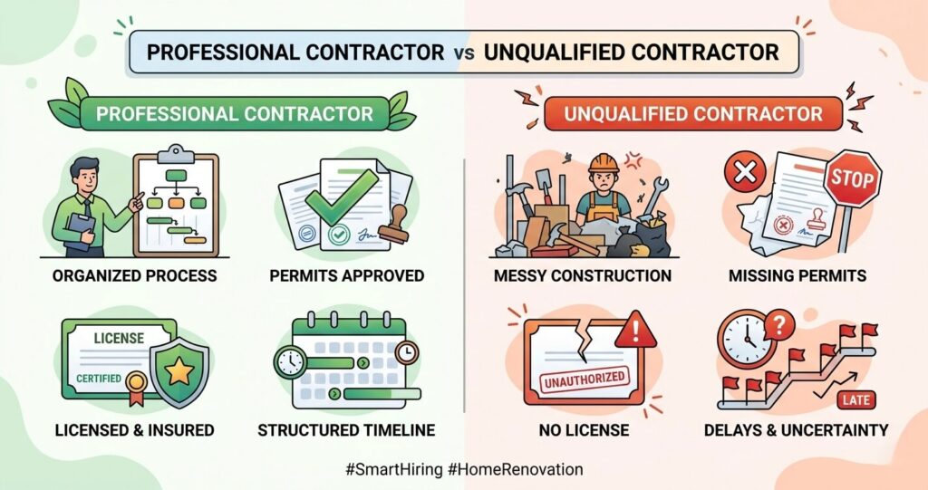 second story addition mistakes Northern Virginia choosing contractor licensed vs unlicensed comparison infographic

