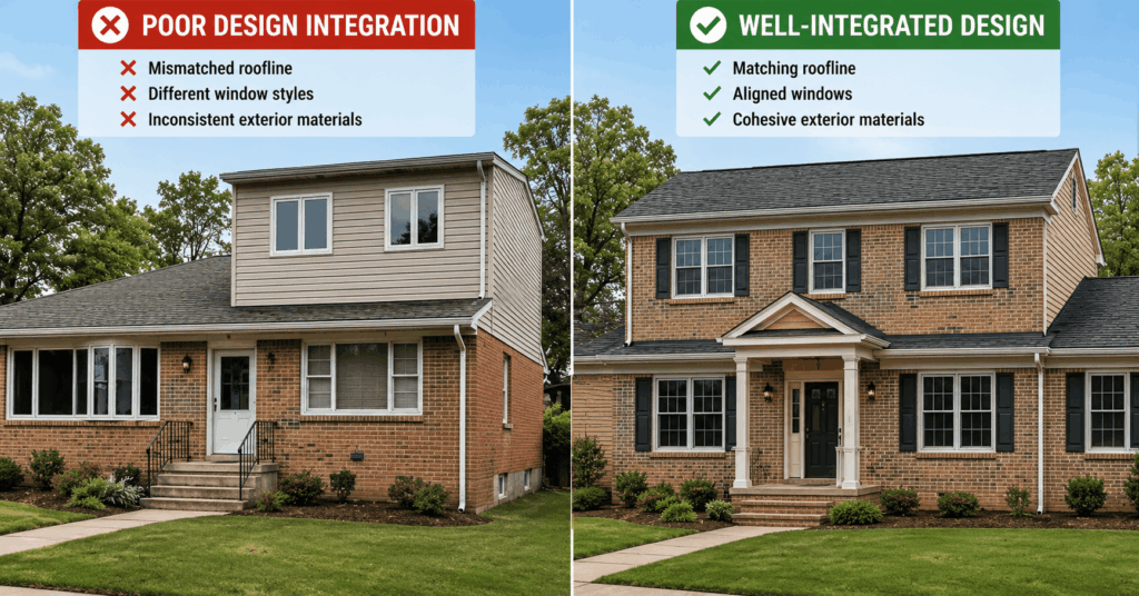 second story addition mistakes Northern Virginia poor vs seamless design integration roofline and exterior consistency

