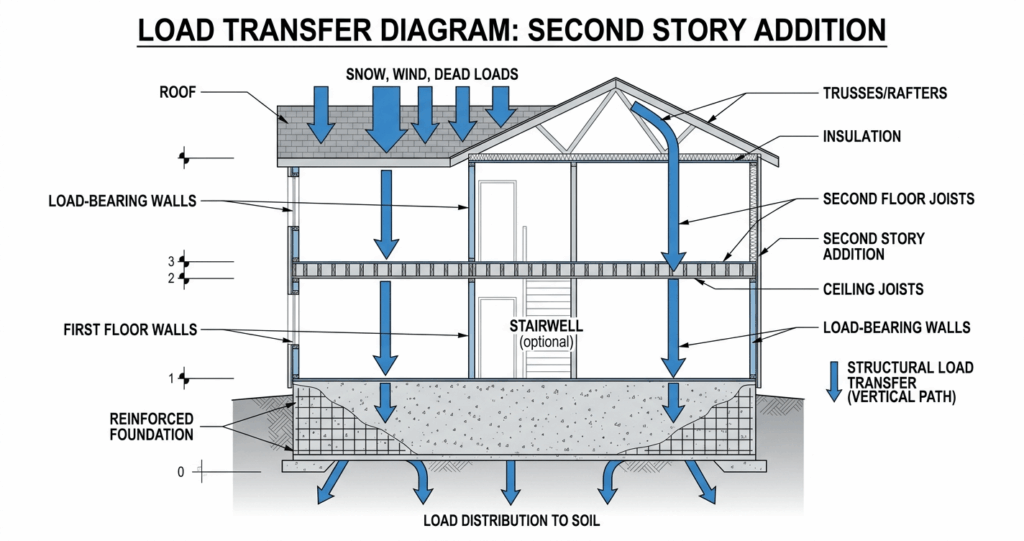 second story addition mistakes Northern Virginia structural load path diagram foundation and load bearing requirements

