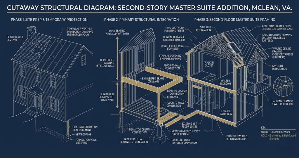 Master Suite Addition McLean VA: Layout Ideas, Costs & Permit Guide (2026) 5 second story master suite addition McLean VA structural framing and roof integration diagram