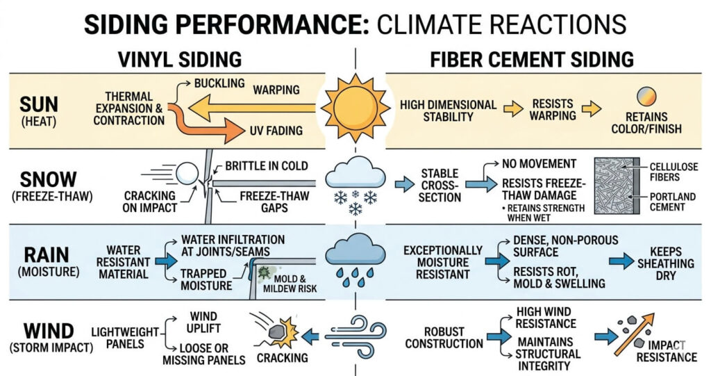 vinyl vs fiber cement siding Northern Virginia climate performance freeze thaw humidity storm impact diagram

