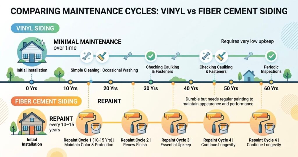 vinyl vs fiber cement siding Northern Virginia maintenance timeline repaint cycle long term cost


