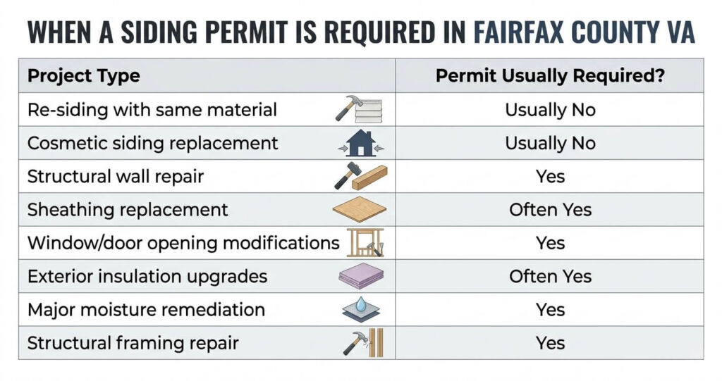 Siding Permit Fairfax County VA: When You Need One in 2026 3 siding permit Fairfax County VA table showing permit exempt and permit required siding replacement projects