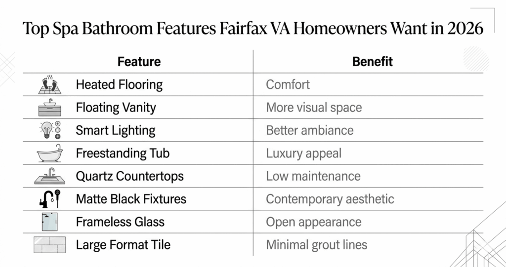 Bathroom design ideas Fairfax VA infographic showing top spa bathroom remodeling features homeowners want in 2026

