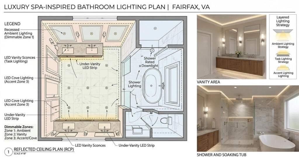 Bathroom design ideas Fairfax VA technical lighting layout for luxury spa-inspired bathroom remodeling


