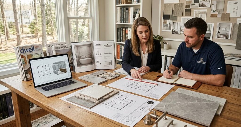 Bathroom design ideas Fairfax VA showing spa bathroom remodel planning process with layouts materials and contractor consultation

